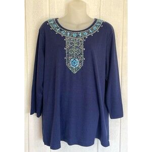 Quacker Factory 3/4 Sleeve T-Shirt XL Embroidered Beaded Blue Turquoise Top